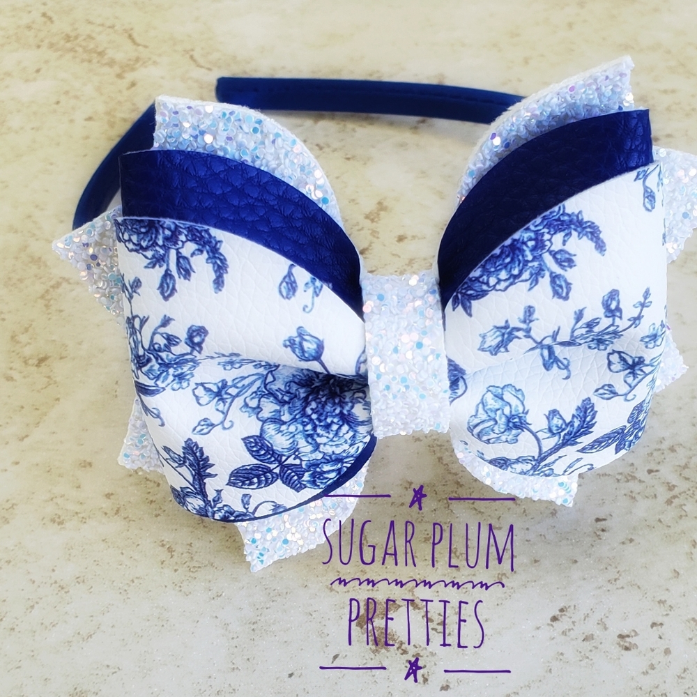 Blue Toile Faux Leather Bow Headband